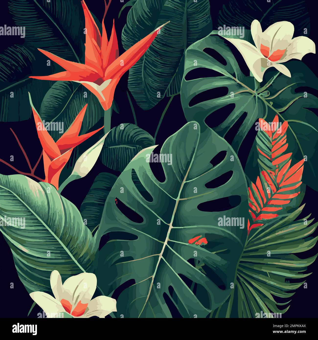 Green tropical forest background monstera leaves, palm leaves, branches Stock Vector Image & Art