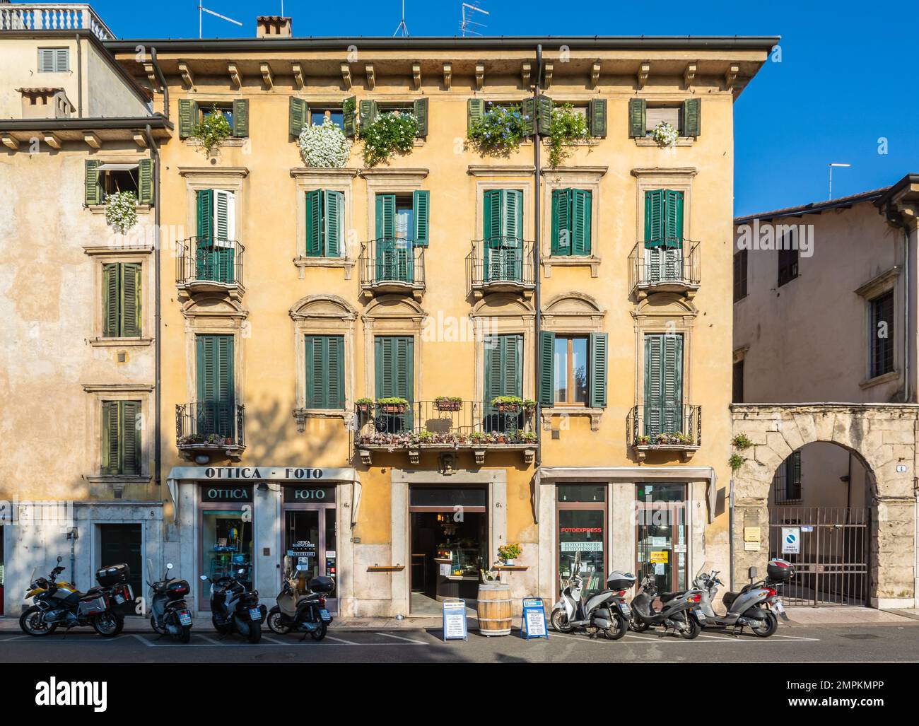 Facade of the 19th-century building in the historic centre of Verona,Piazza Pradaval - Verona,Veneto province,northern Italy, Europe Stock Photo