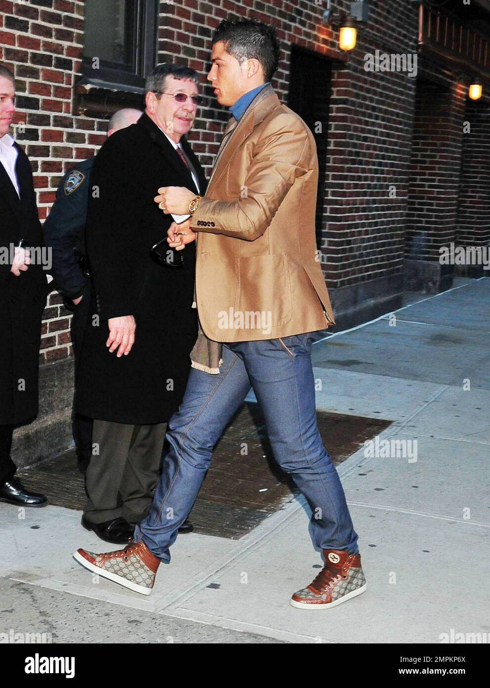 Portuguese footballer Cristiano Ronaldo, who wore Gucci hightop sneakers,  arrives at The Ed Sullivan Theater following his girlfriend, Sports  Illustrated Swimsuit Edition cover model Irina Shayk before she appeared on  "Late Show
