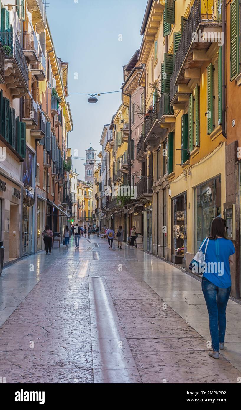 Giuseppe Mazzini street  of Verona city. pedestrian street in the heart of the city. Veneto region, northern Italy - Europe Stock Photo