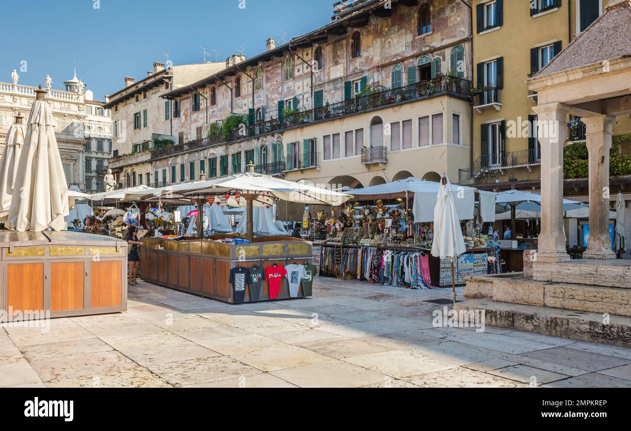 Market at Piazza delle Erbe, historic centre of Verona, Veneto, Italy, Europe, Stock Photo