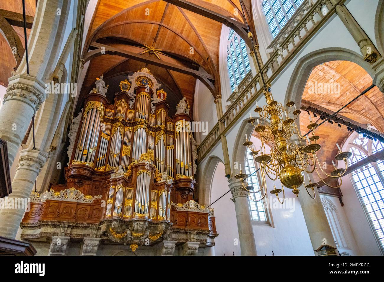 Interiora and great organ of the The Oude Church Amsterdam Netherlands. Stock Photo