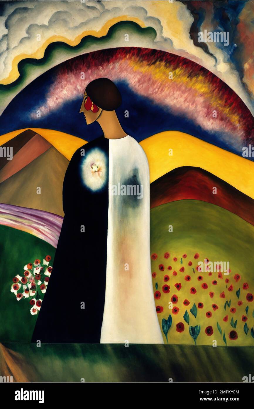 Midjourney AI art landscape woman overlooking a mountain valley in the style of Arthur Dove Stock Photo