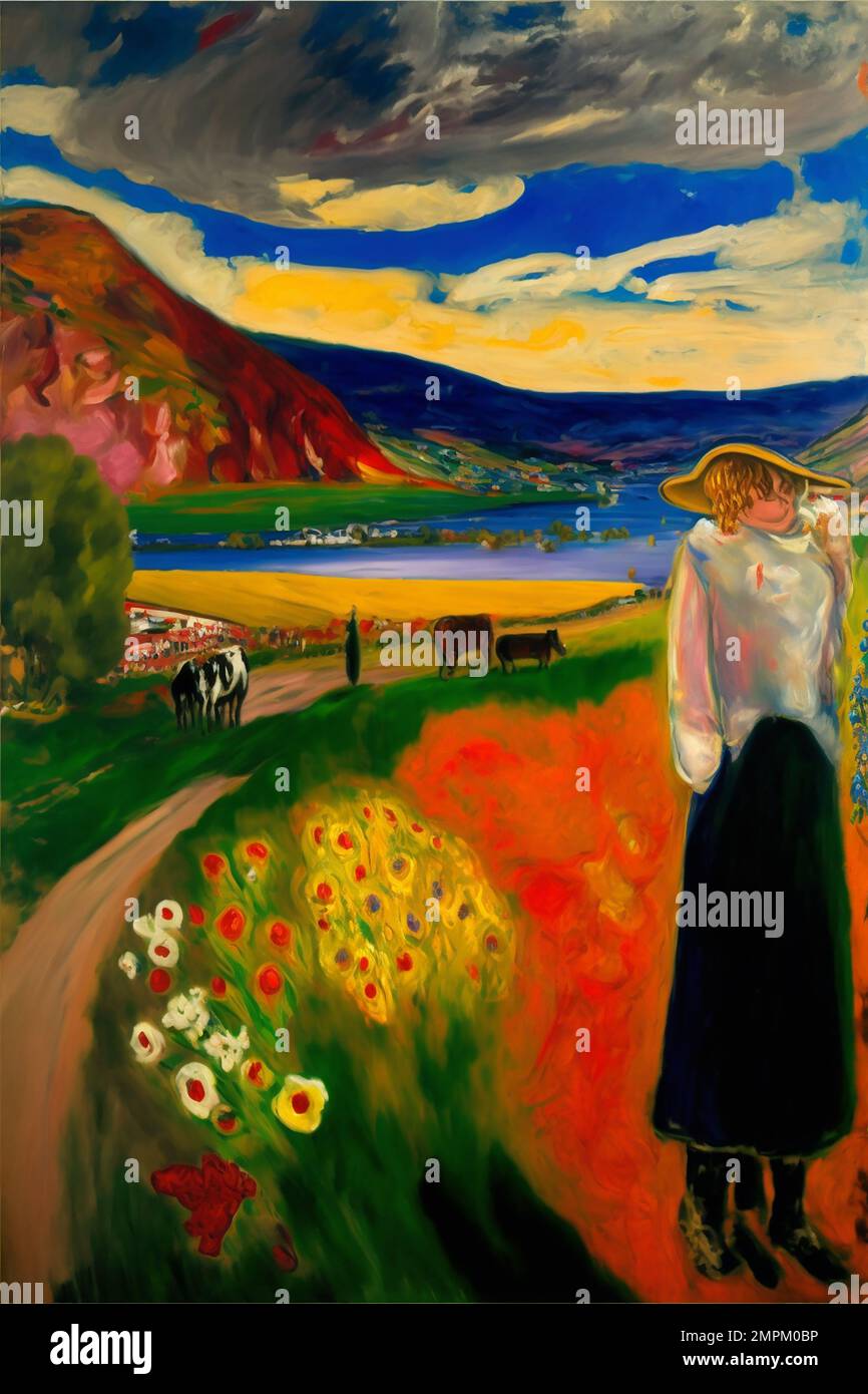 Midjourney AI art landscape woman overlooking a mountain valley in the style of Asger Jorn Stock Photo