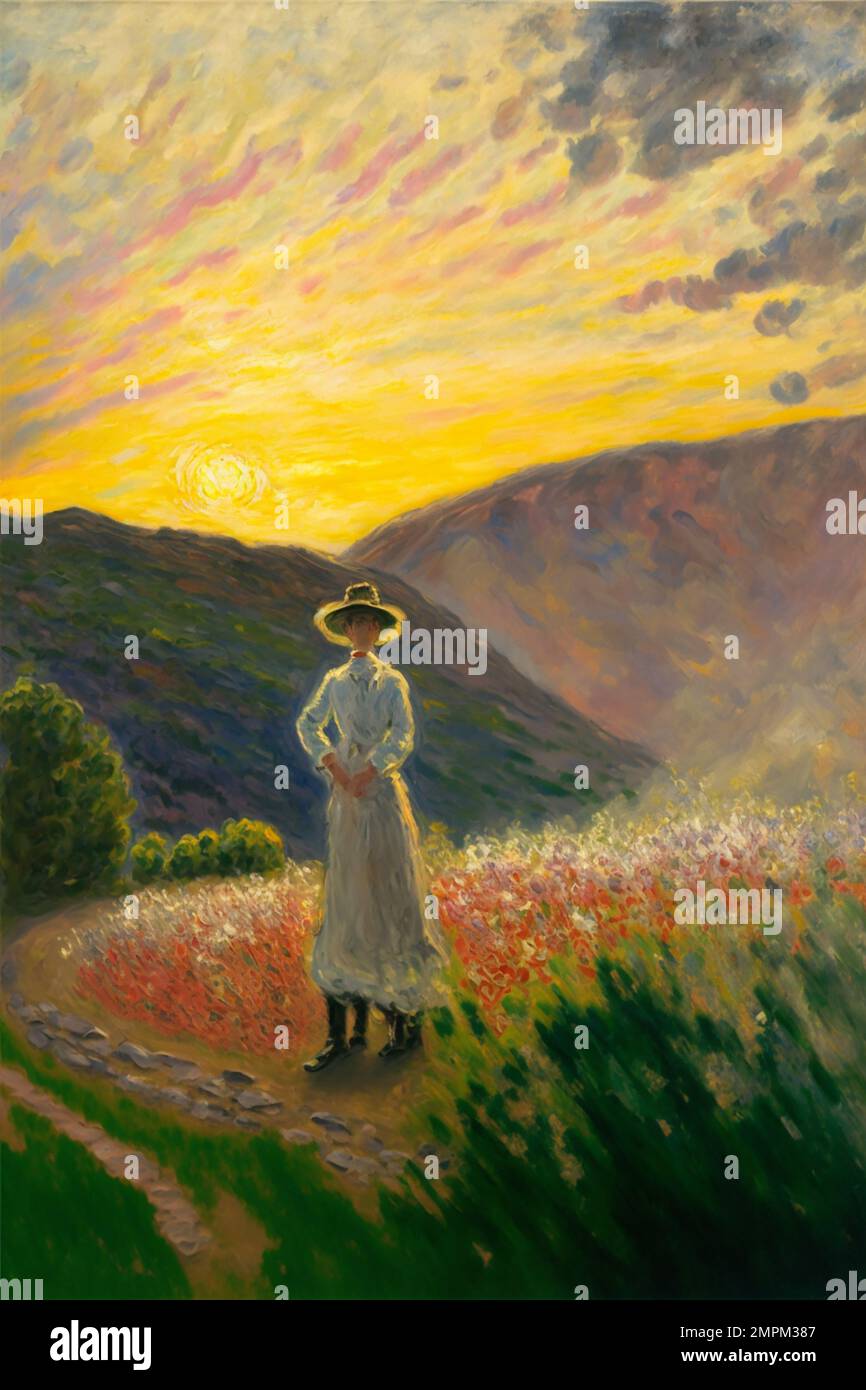 Midjourney AI art landscape woman overlooking a mountain valley in the style of Claude Monet Stock Photo
