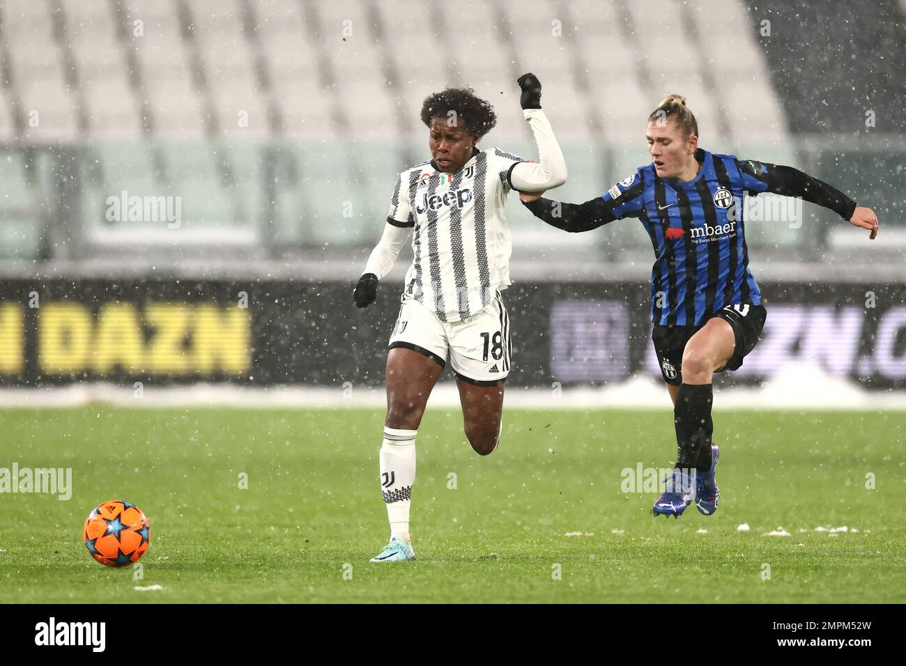 Turin, Italy, 15th December 2022. Viktoria Pinther of FC Zurich tussles with Lineth Beerensteyn of Juventus during the UEFA Womens Champions League match at Juventus Stadium, Turin. Picture credit should read: Jonathan Moscrop / Sportimage Stock Photo