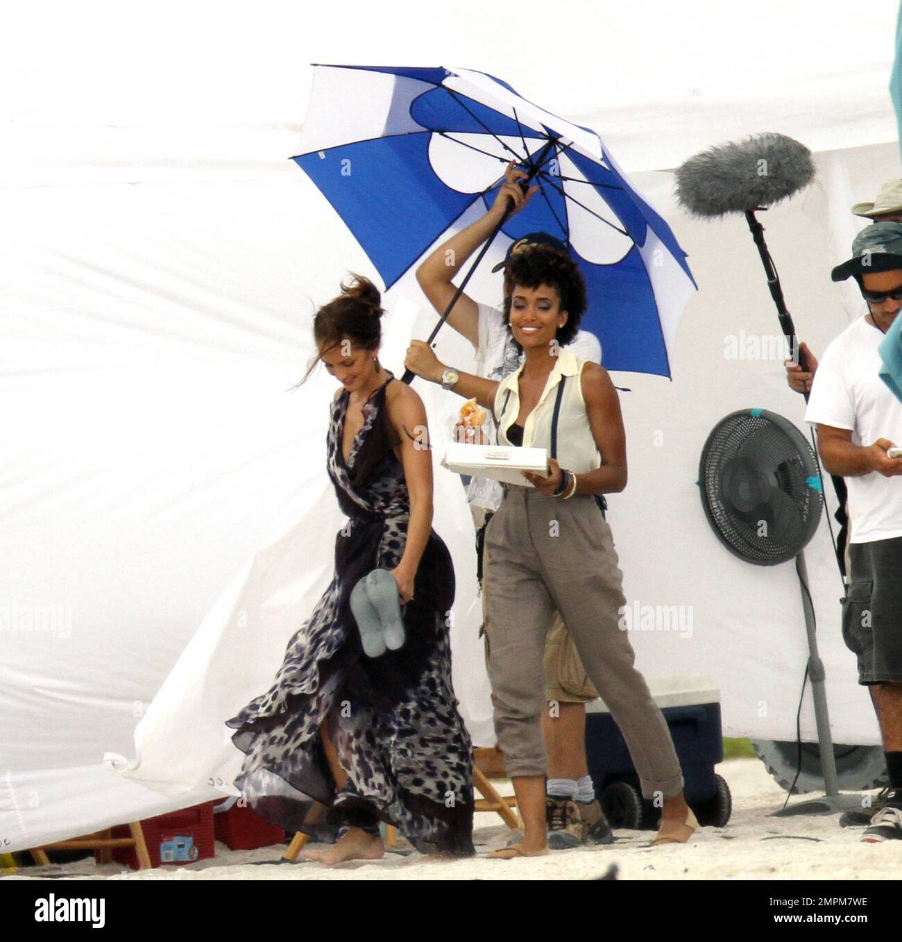 Charlie's Angels films a scene on the beach. The wind seemed to be ...