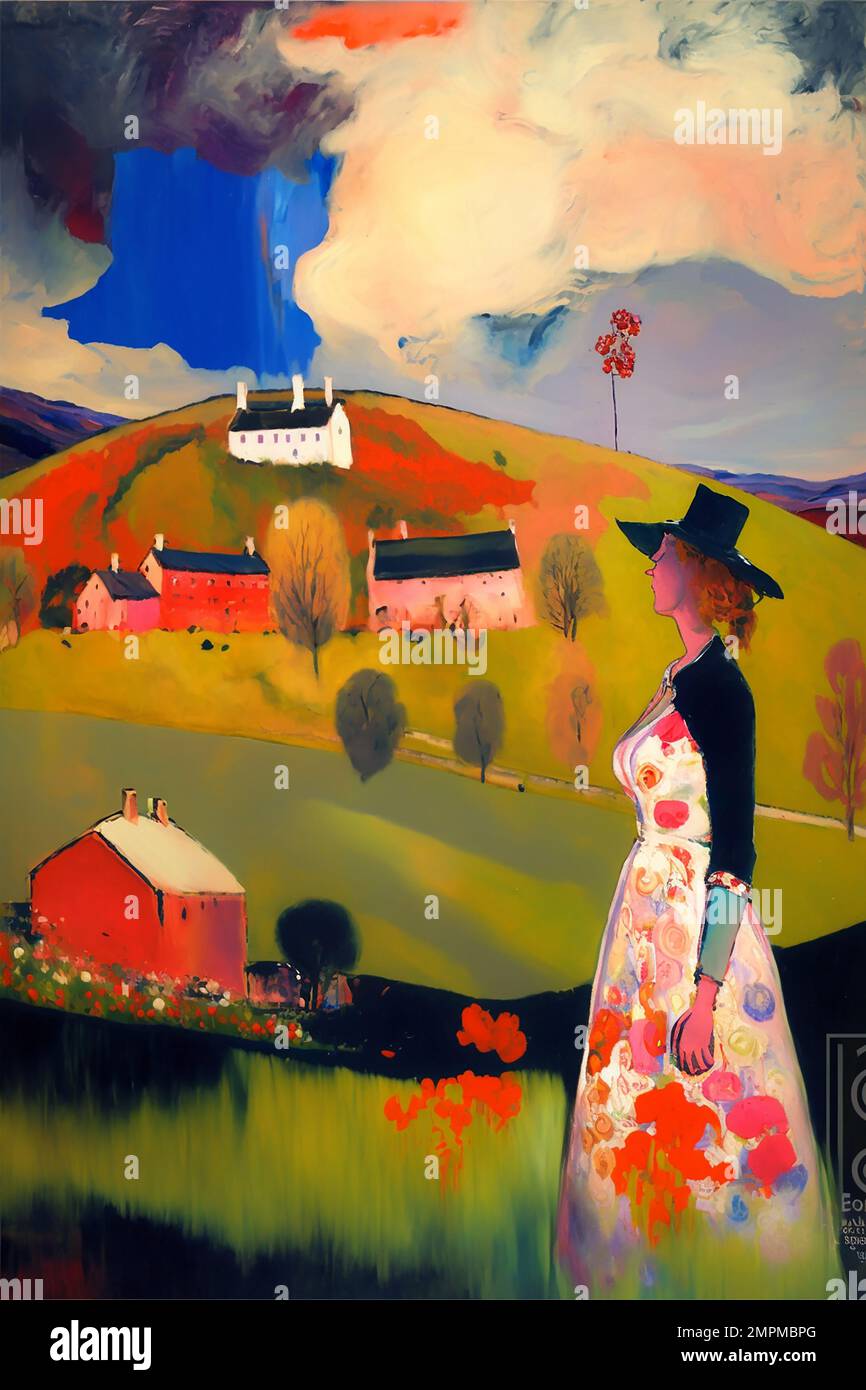 Midjourney AI art landscape woman overlooking a mountain valley in the style of George Birrell Stock Photo