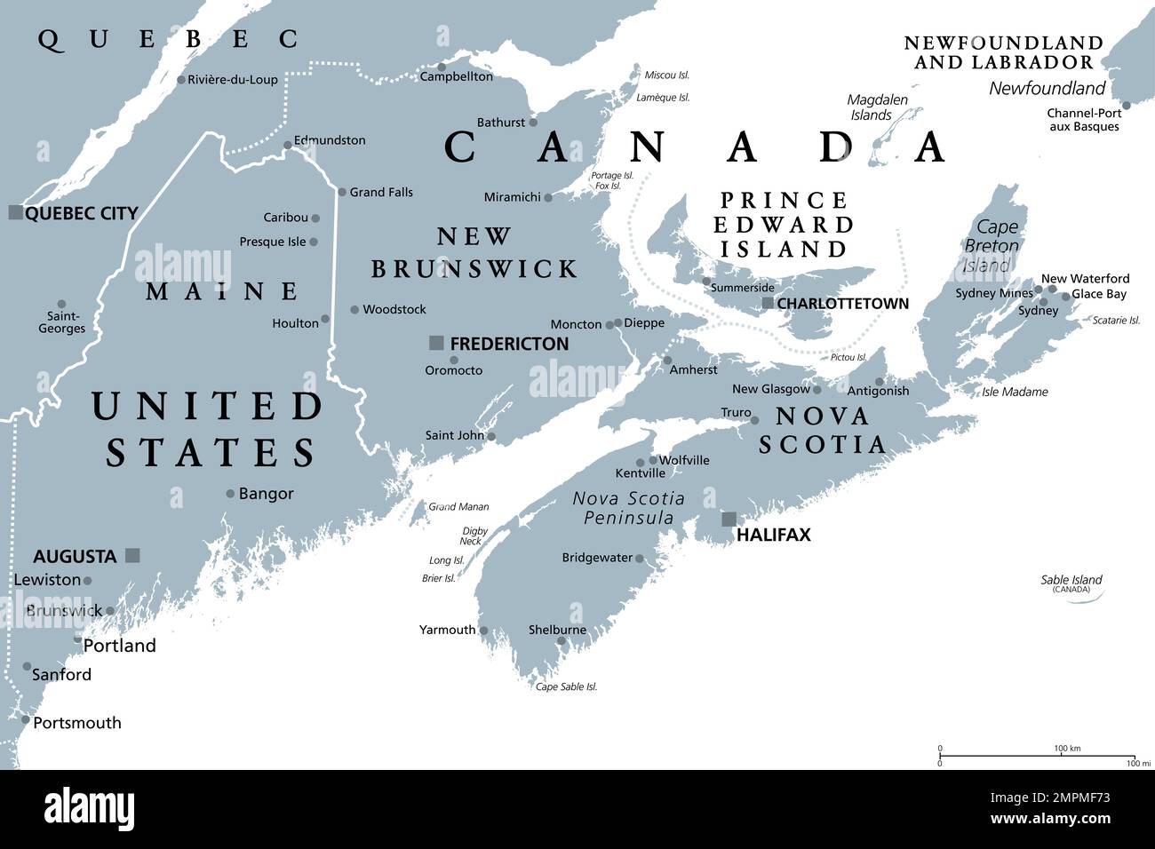 Maritimes region of Eastern Canada, Maritime provinces, gray political map. New Brunswick, Nova Scotia, and Prince Edward Island. Stock Photo