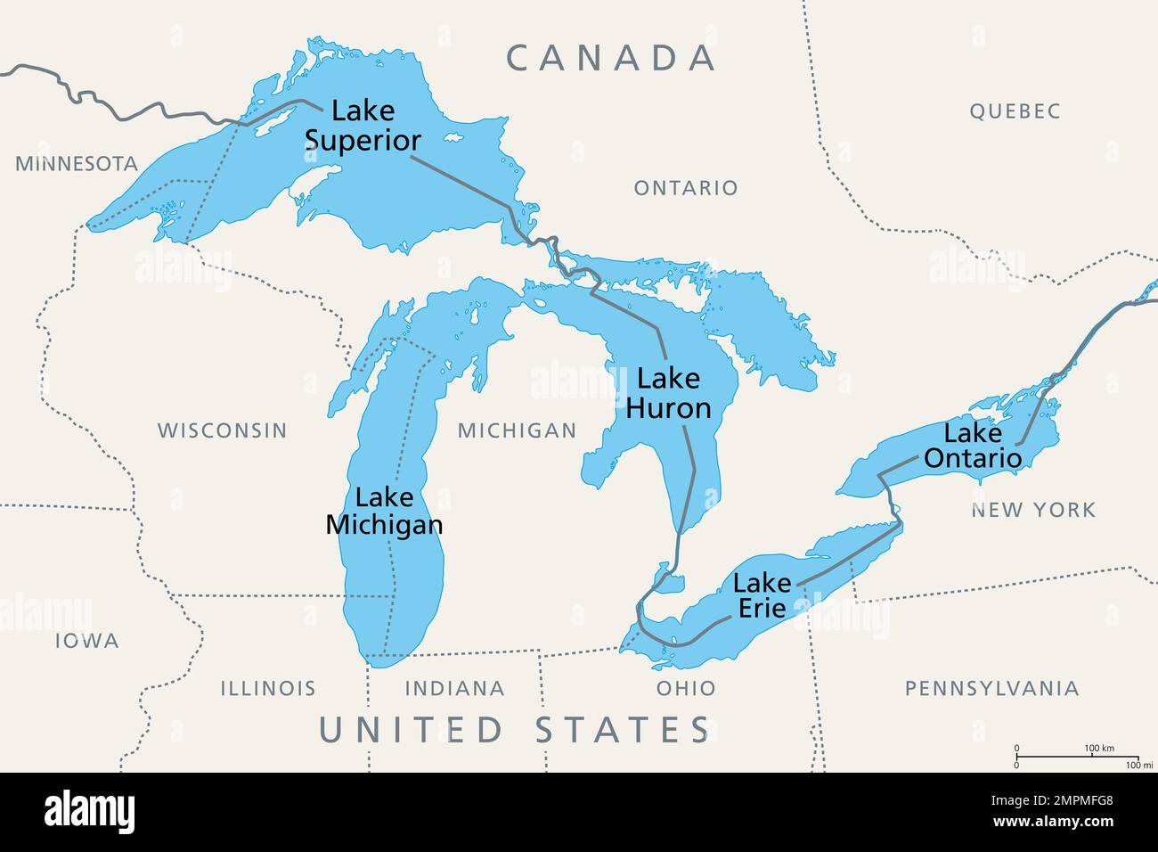 Great Lakes of North America, political map. Lake Superior, Michigan, Huron, Erie and Lake Ontario. A series of large interconnected freshwater lakes. Stock Photo
