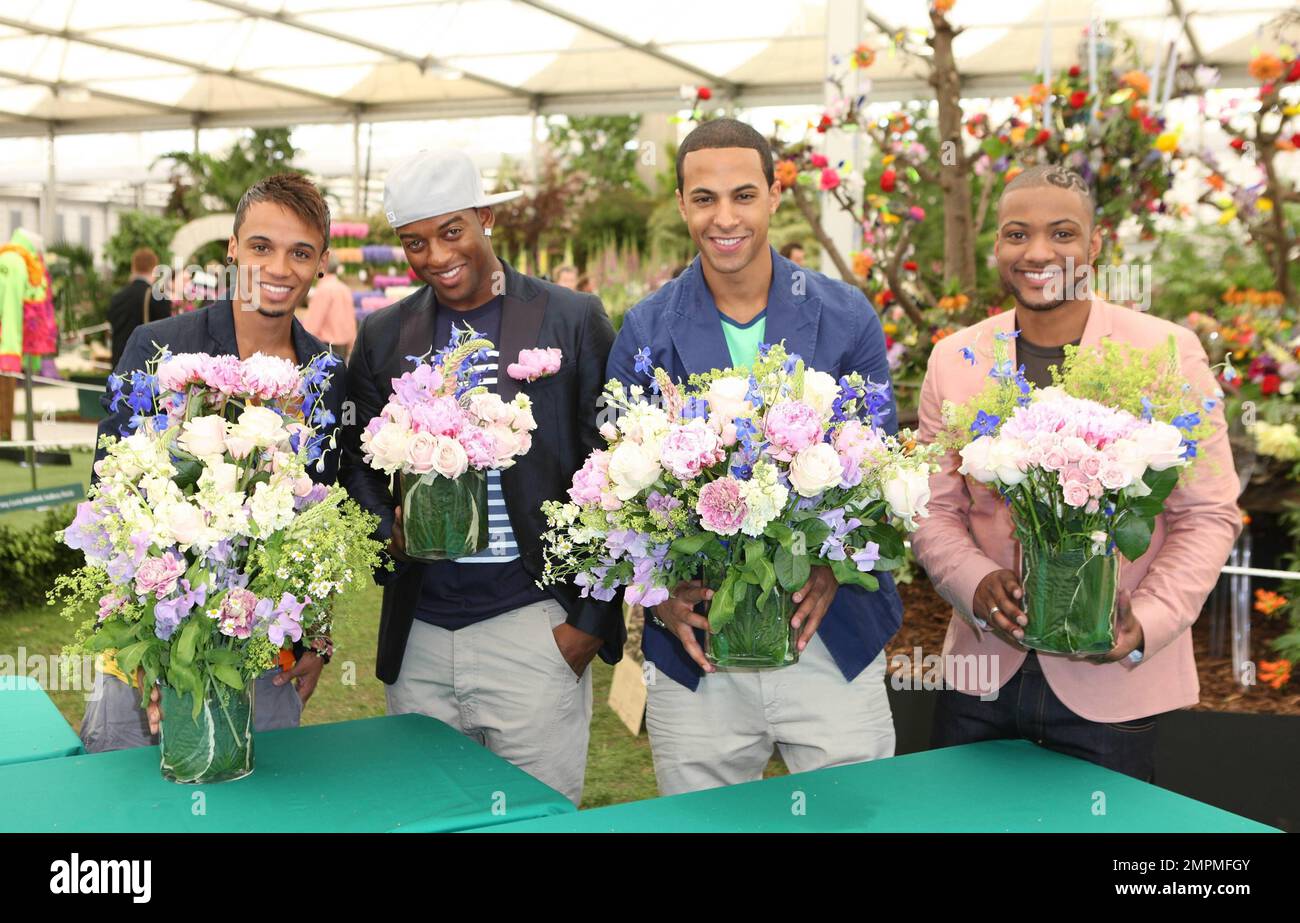 British 'X Factor' boyband JLS members Aston Merrygold,itse Williams, Marvin Humes and Jonathan Gill at The RHS Chelsea Flower Show 2011. The event is the world's most famous flower show and celebrates the highest quality horticulture. London, UK. 05/23/11. Stock Photo