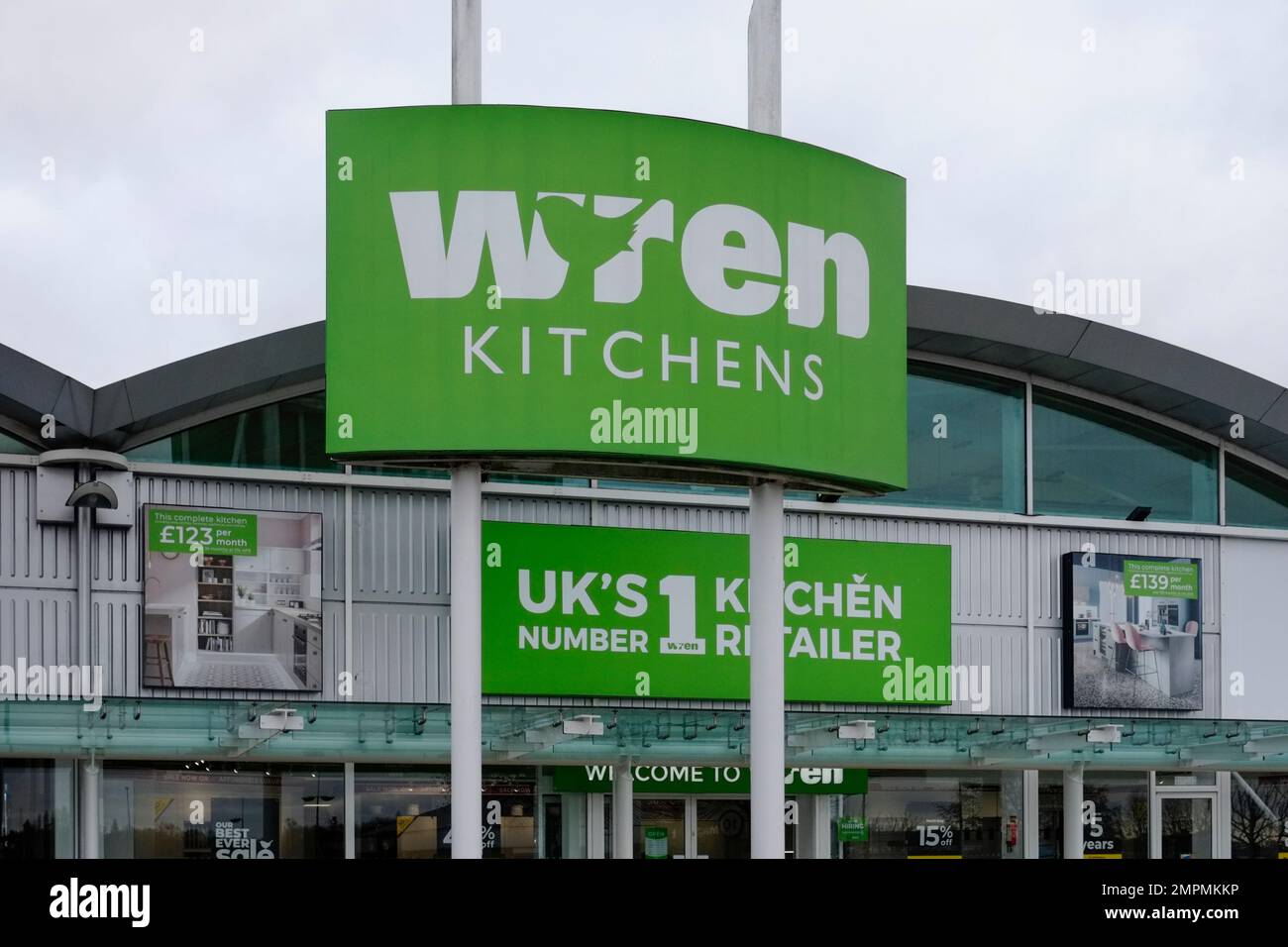 Retail Signs at Cribbs Causeway near Bristol. Wren Kitchens Stock Photo