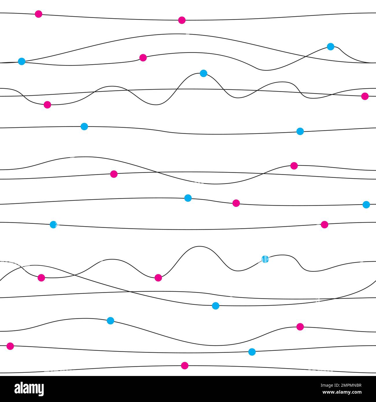 horizontal lines forming waves with colored dots. Seamless vector pattern Stock Vector