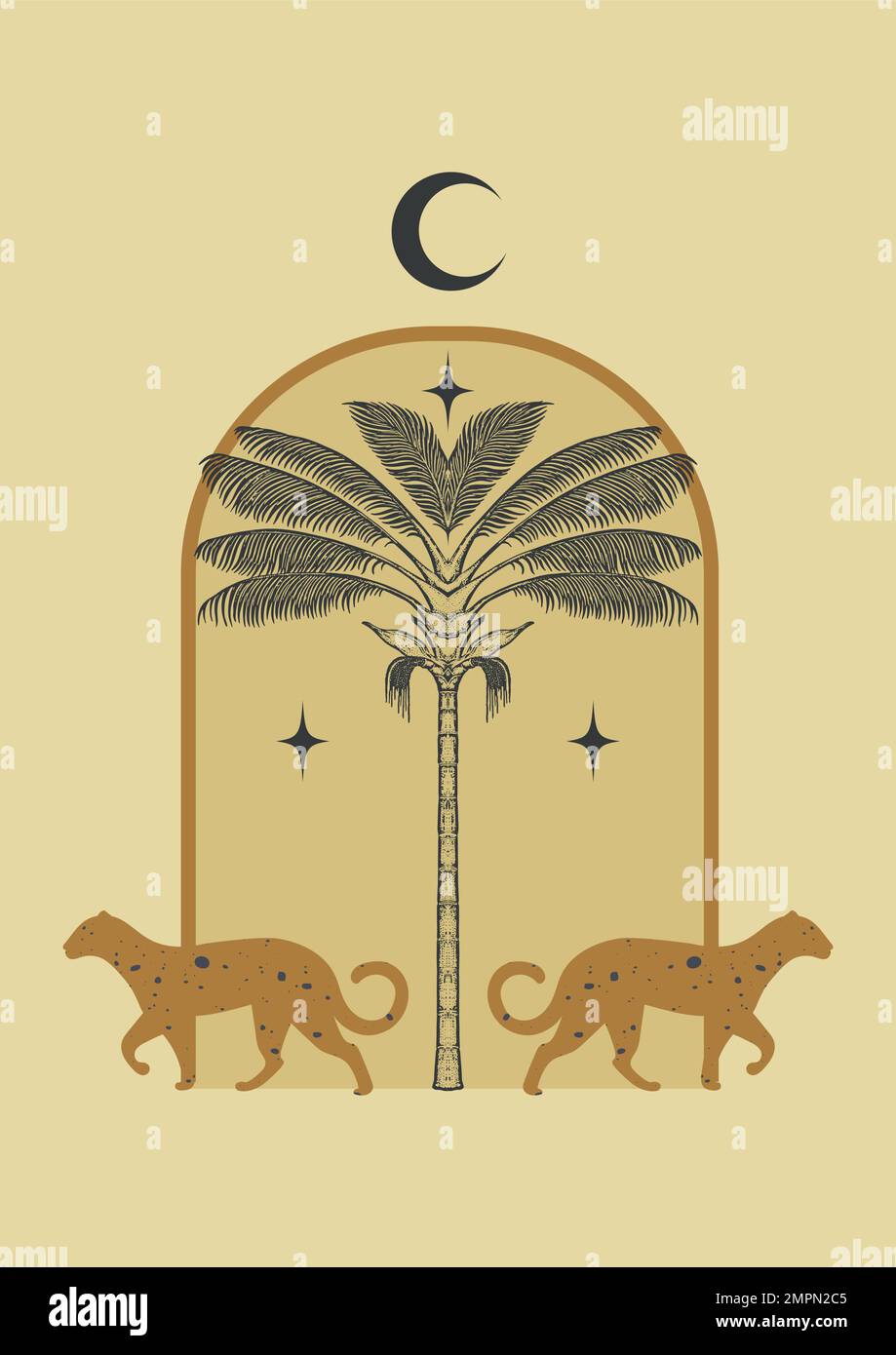 Boho mystical vector poster with cheetah wild cat. Elements in trendy bohemian design, Stock Vector