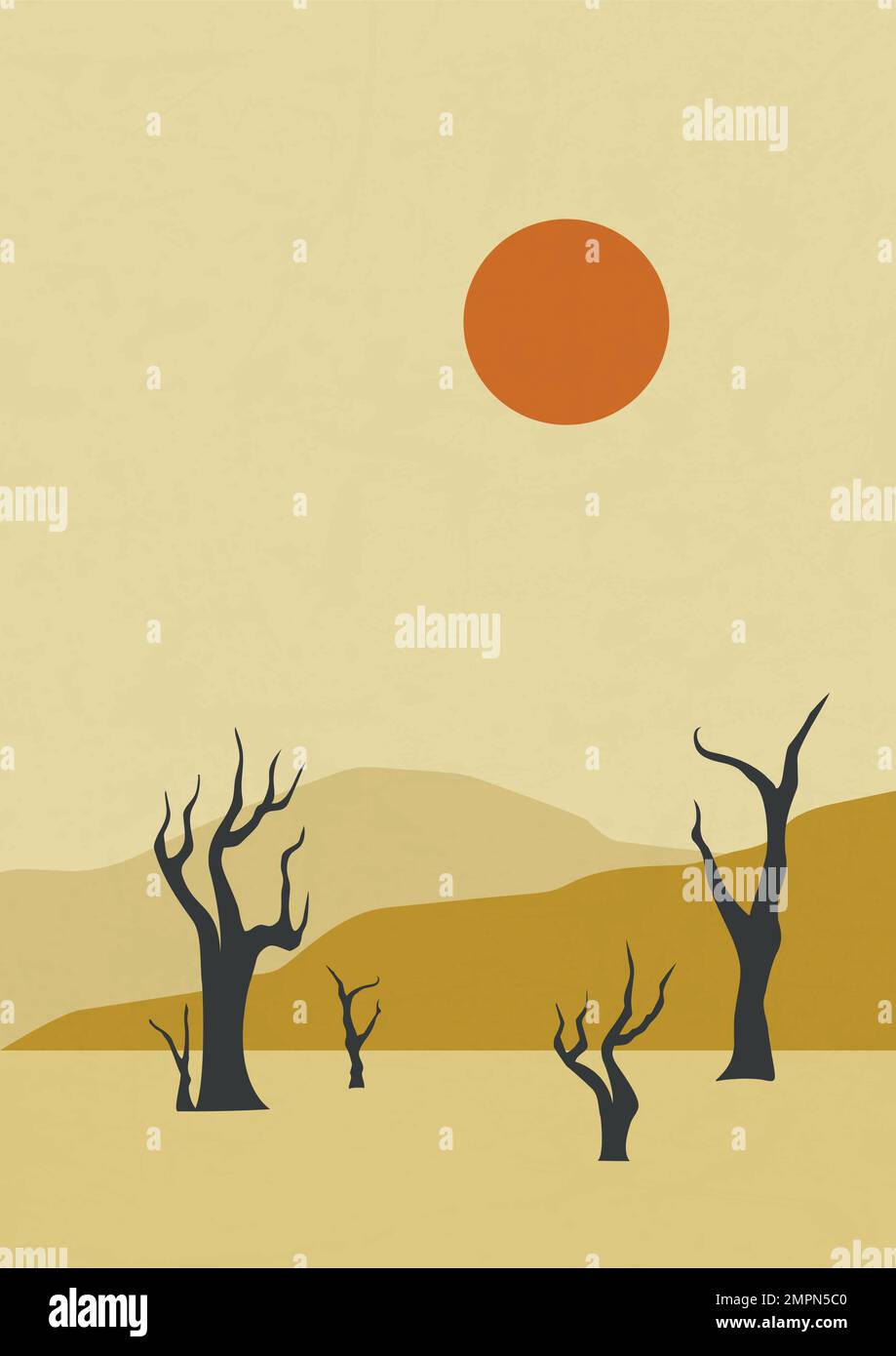 Desert landscape, sunny dunes and dry tree illustration.Desert ...
