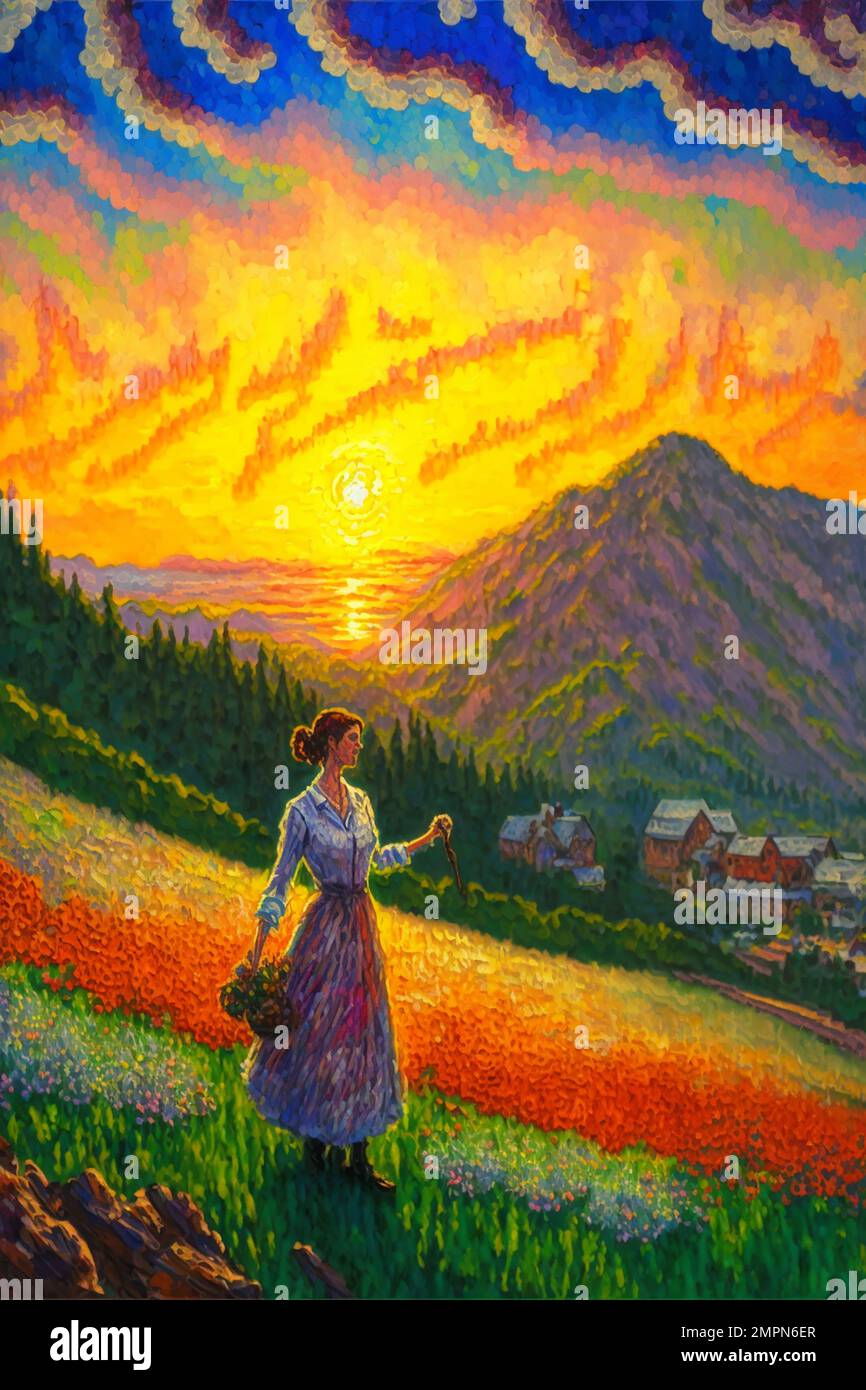 Midjourney AI art landscape woman overlooking a mountain valley in the style of Pixel Art Stock Photo