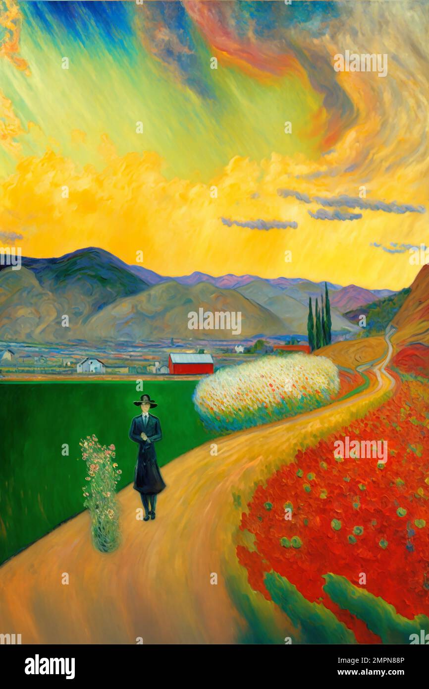 Midjourney AI art landscape woman overlooking a mountain valley in the style of Vincent van Gogh Stock Photo