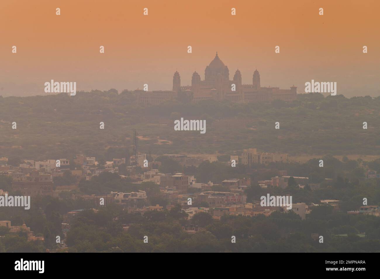 Top view of Jodhpur city from Mehrangarh fort, Rajasthan, India.Blue city, since Hindu Brahmins worshipping Lord Shiva paint their own houses blue. Stock Photo