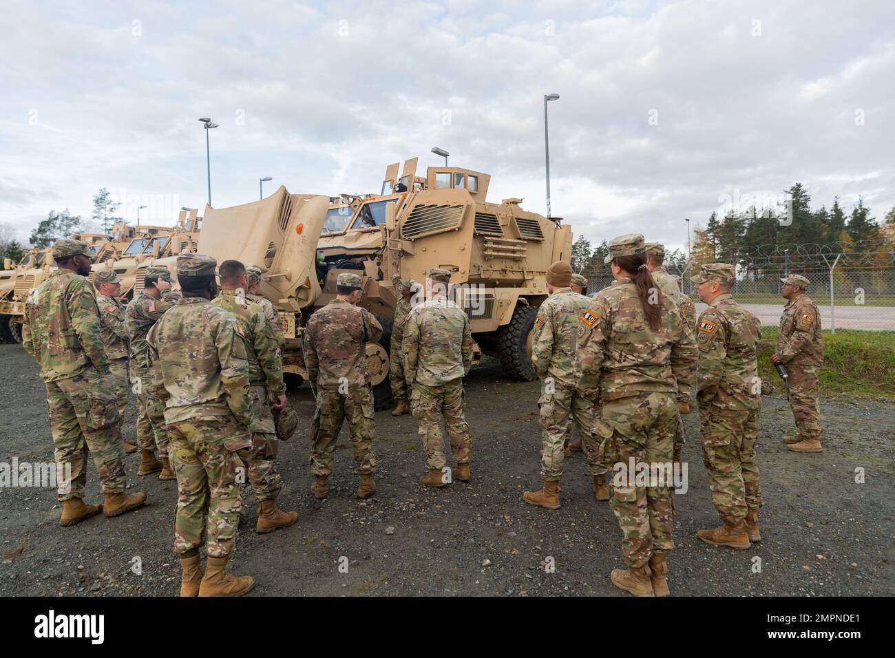 U.S. Army Soldiers assigned to Task Force Orion, 27th Infantry Brigade Combat Team, New York Army National Guard, receive instructions on how to operate M1224 MaxxPro mine-resistant ambush protected vehicles in Grafenwoehr, Germany, Nov. 6, 2022. Task Force Orion is deployed to Germany in support of the Joint Multinational Training Group – Ukraine mission. Stock Photo