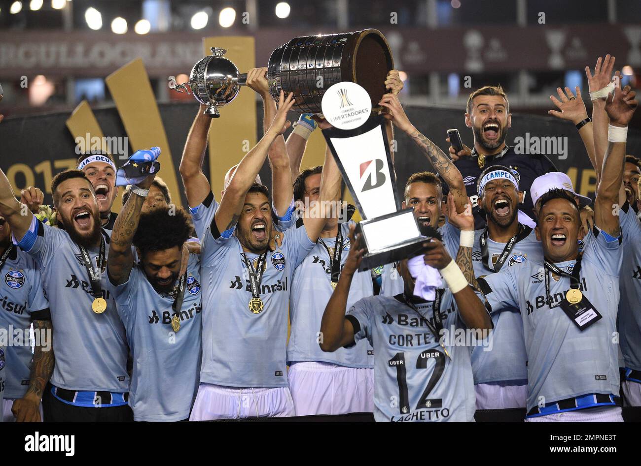 Brazil's Gremio soccer team celebrates winning the Copa Libertadores championship after playing Argentina's Lanus in Buenos Aires, Argentina, Wednesday, Nov. 29, 2017. (AP Photo/Gustavo Garello) Stock Photo