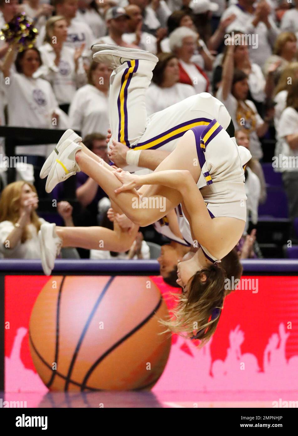 Baton Rouge, USA. 30th Jan, 2023. The LSU cheerleaders all do a flip after the Lady Tigers make a free throw during a women's college basketball game at the Pete Maravich Assembly Center in Baton Rouge, Louisiana on Monday, January 30, 2022. (Photo by Peter G. Forest/Sipa USA) Credit: Sipa USA/Alamy Live News Stock Photo