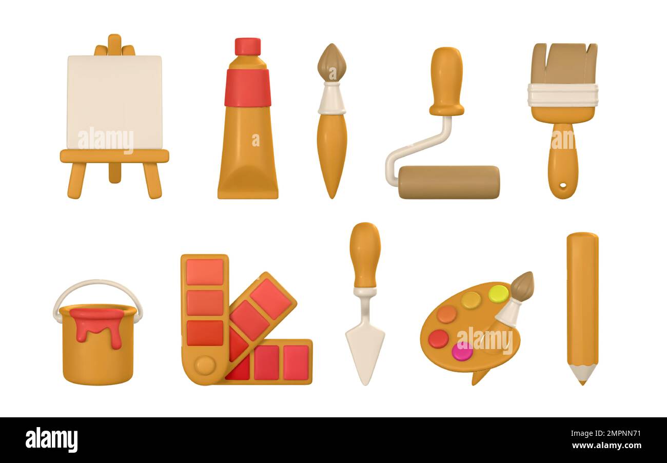 3d realistic tools for paint. Easel, paint tube, brush, roller brash