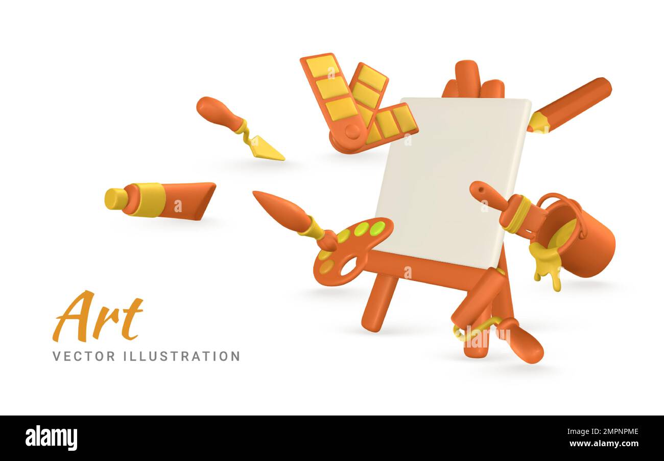 Art concept. 3d realistic tools for paint. Easel, paint tube, brush