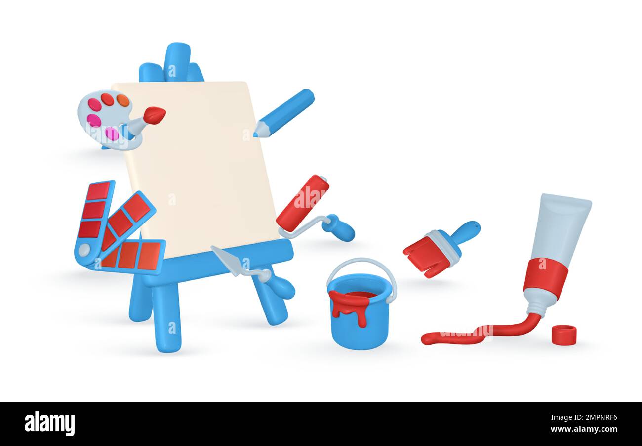 3d realistic tools for paint. Easel, paint tube, brush, roller brash