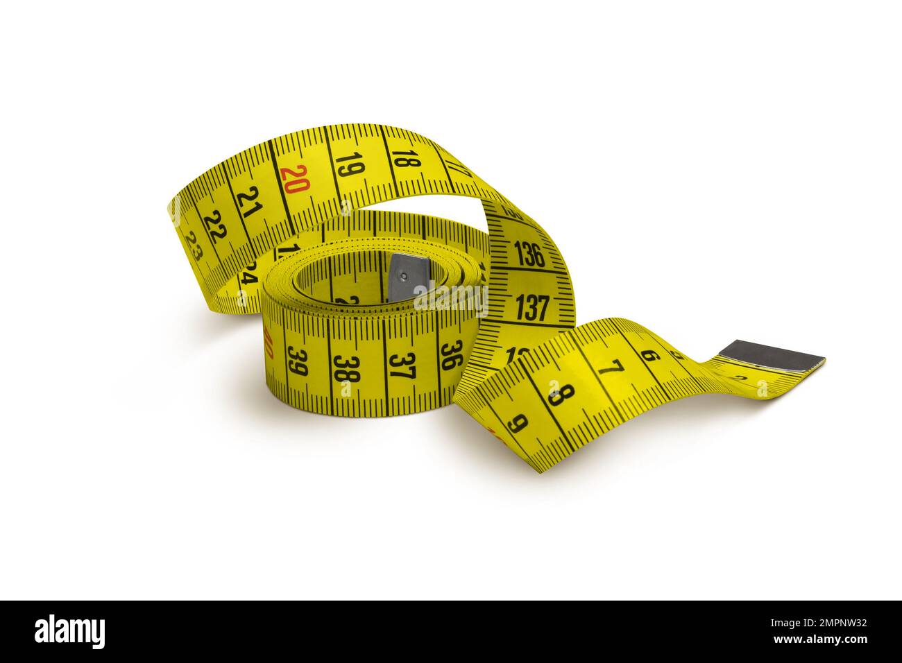 Top view of yellow soft measuring tape. Minimalist flat lay image of tape  measure with metric scale over turquoise blue background with copy space.  Stock Photo