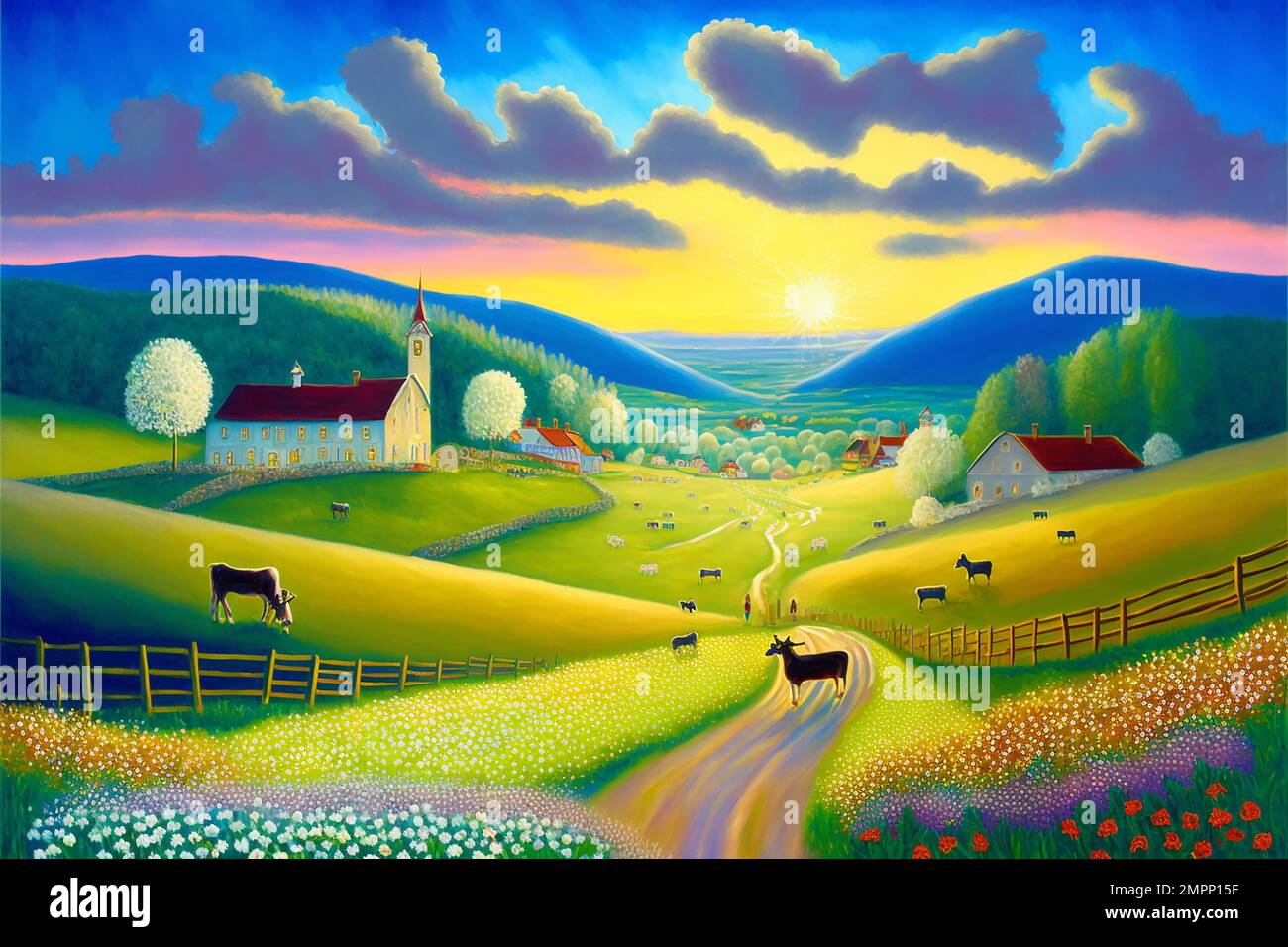 Midjourney AI art landscape of a farm in the mountains Stock Photo