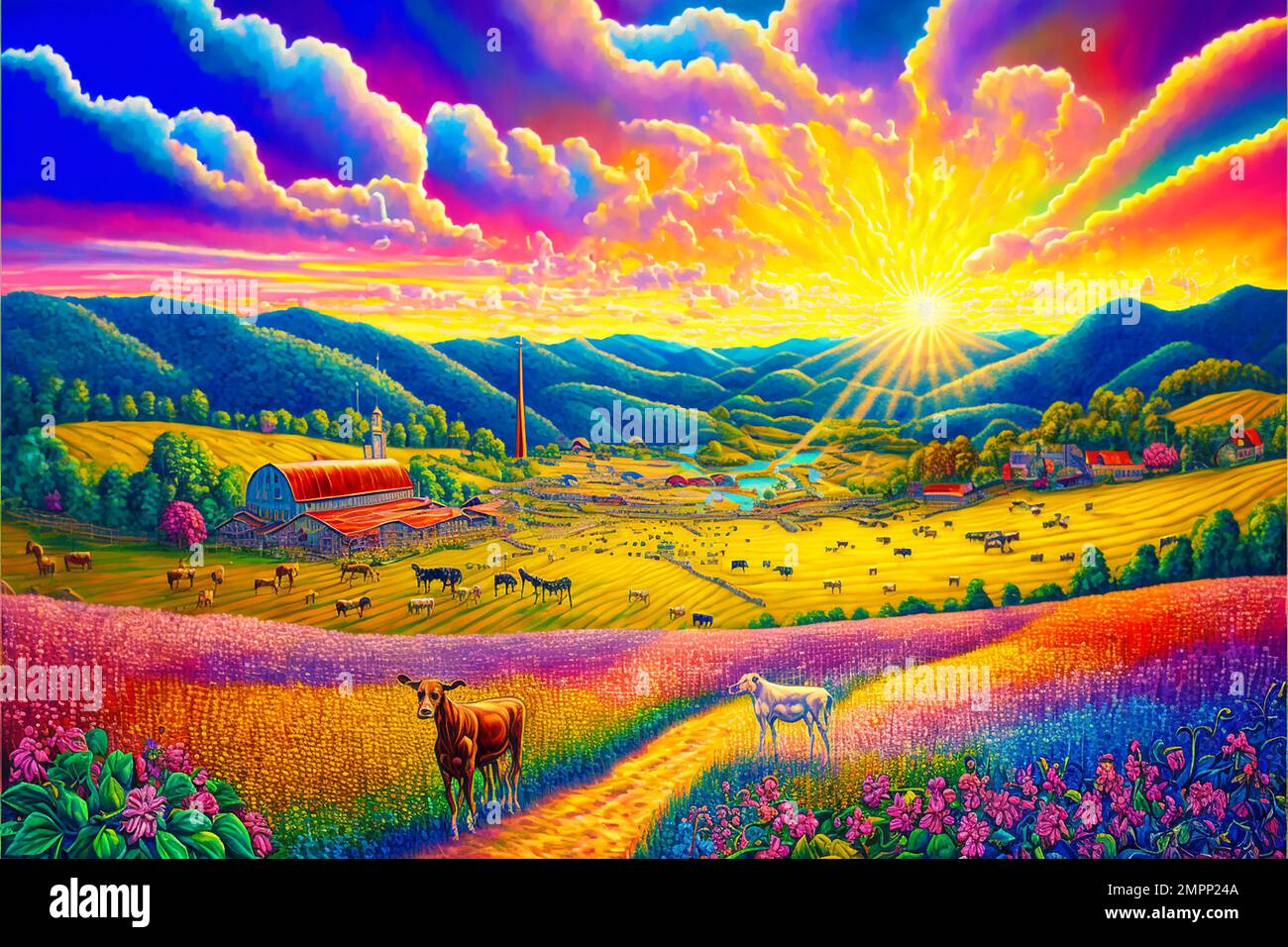 Midjourney AI art landscape of a farm in the Appalachian Mountains Stock Photo