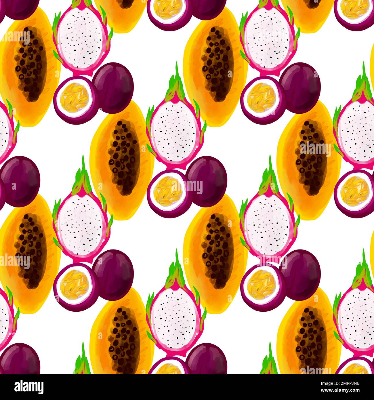 Seamless pattern with tropical fruits with papaya, passion fruit and ...