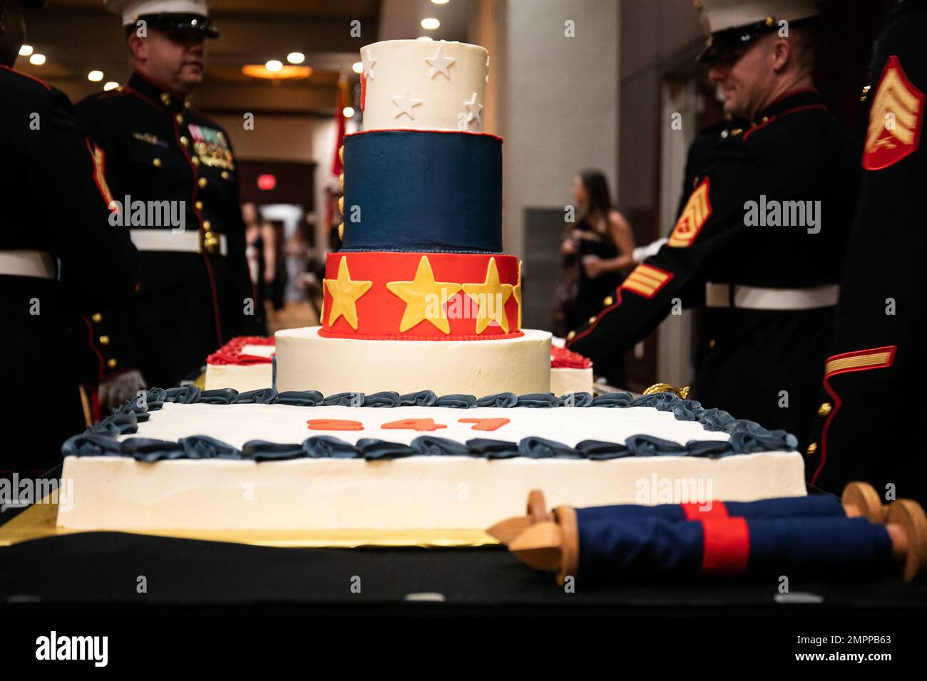 The official cake of Recruiting Station Dallas is displayed as guests take their seats at the 247th Marine Corps Birthday Ball held in Allen, Tx on Nov. 11, 2022. Since 1921, the Corps has celebrated their birthday and honored the legacy of the U.S. Marine Corps at the Marine Corps Ball. November 10 is the official birthday of the Marine Corps. Stock Photo
