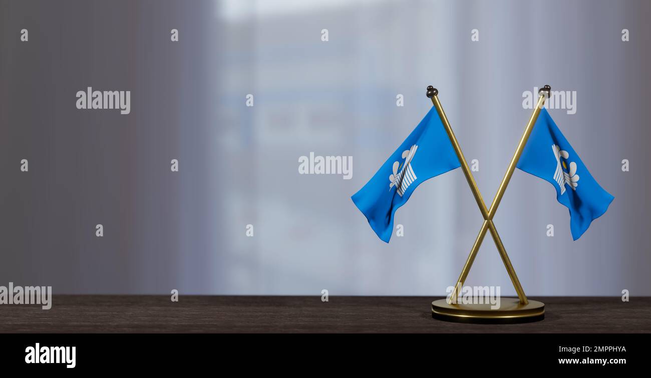Flag CIS at the negotiating table, flags Commonwealth of Independent States, Flags on little blur background. 3D work and 3D image Stock Photo