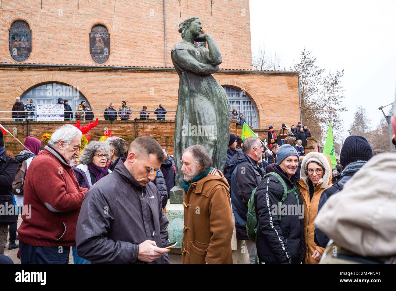 Demonstrators around the sculpture of Penelope by Emile-Antoine Bourdelle. Day of strike and demonstration called by the interunion (CFDT, CGT, FO, CFE-CGC, CFTC, Unsa, Solidaires, FSU), to protest against the government's plan to raise the legal retirement age from 62 to 64 years. France, Montauban on January 31, 2023. Photo by Patricia Huchot-Boissier/ABACAPRESS.COM Stock Photo