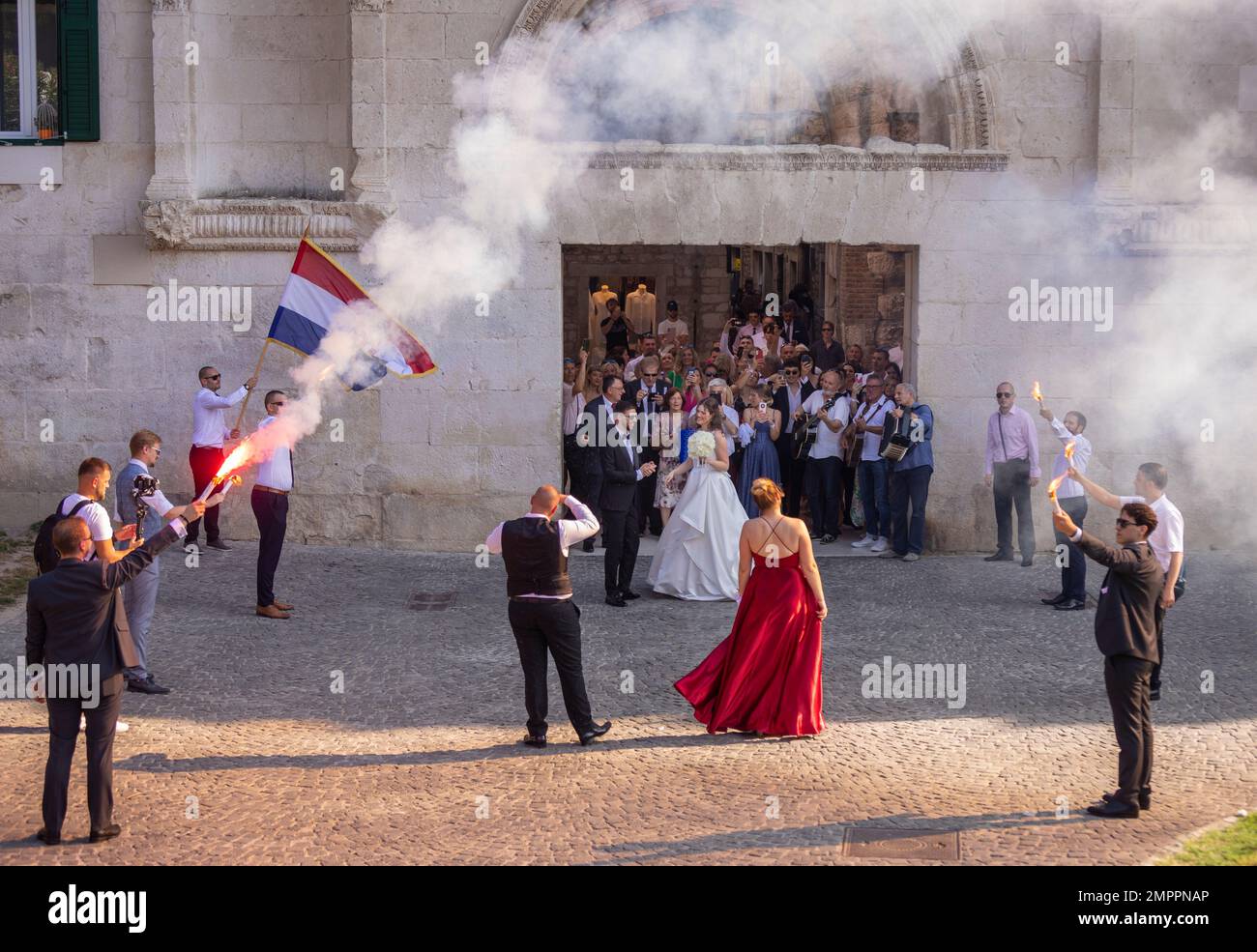 SPLIT, CROATIA, EUROPE - Wedding celebration at Golden Gate, in old town. Stock Photo