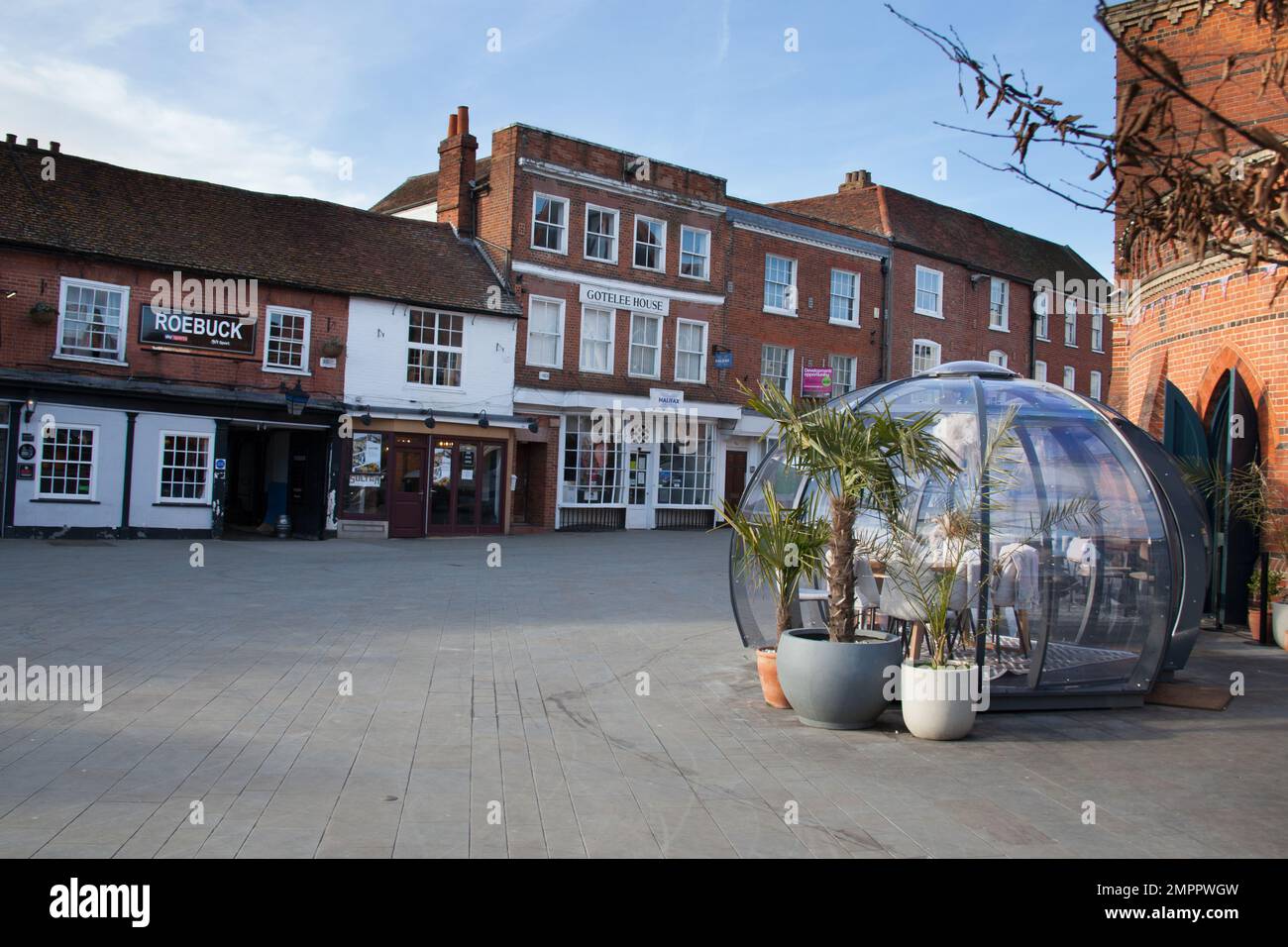 Shops and restaurants on Market Place in Wokingham in the UK Stock