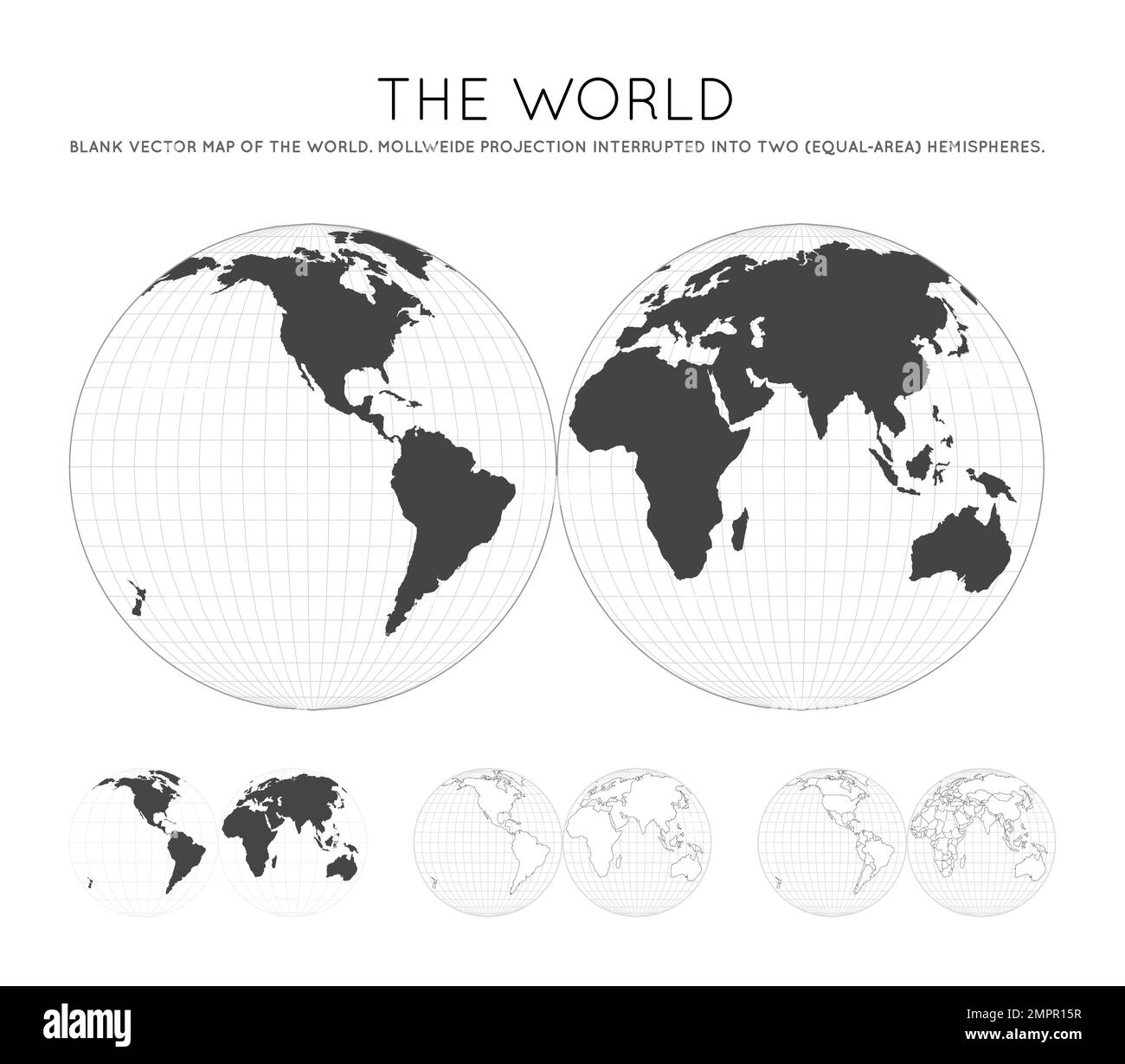 Map of The World. Mollweide projection interrupted into two (equal-area) hemispheres. Globe with latitude and longitude lines. World map on meridians Stock Vector