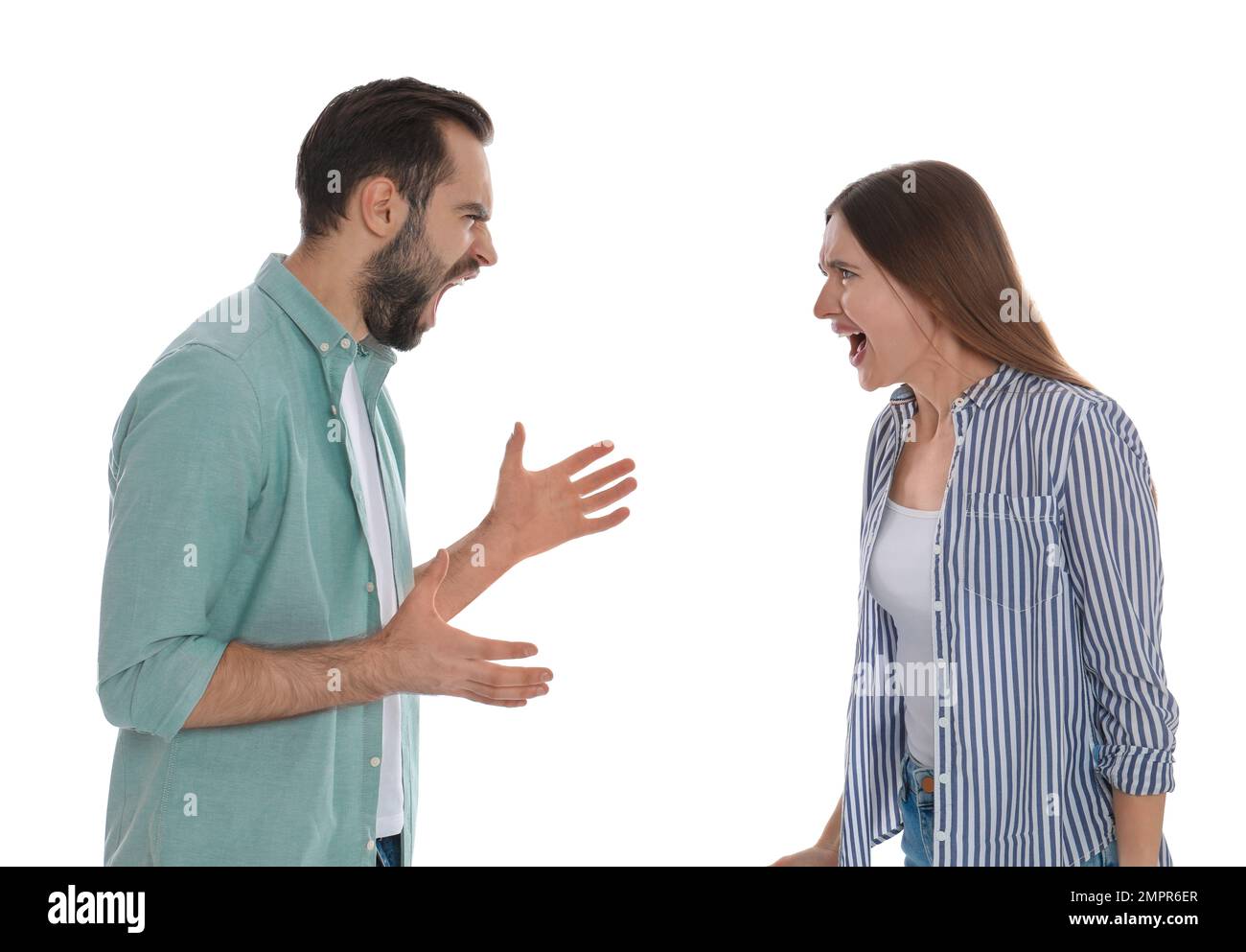 Couple quarreling on white background. Relationship problems Stock Photo