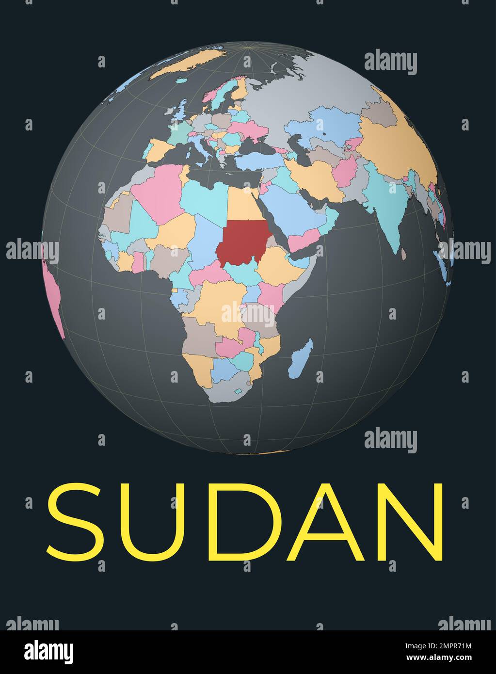 World map centered to Sudan. Red country highlighted. Satellite world view centered to country