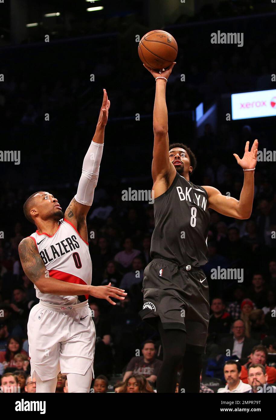 Brooklyn Nets guard Spencer Dinwiddie (8) attempts a threepoint shot
