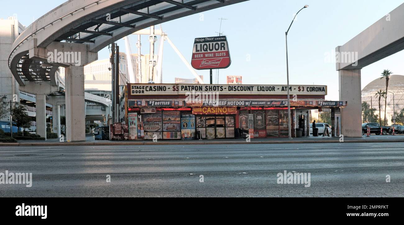The historic Stage Door Casino and liquor store on Linq Lane is old school Las Vegas in Las Vegas, Nevada. Stock Photo