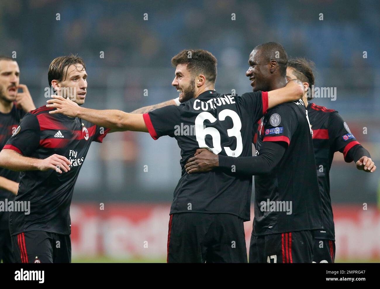 AC Milan's Patrick Cutrone, center, celebrates with his teammates after  scoring during the Europa League group D soccer match between AC Milan and Austria  Wien, at the San Siro stadium in Milan,