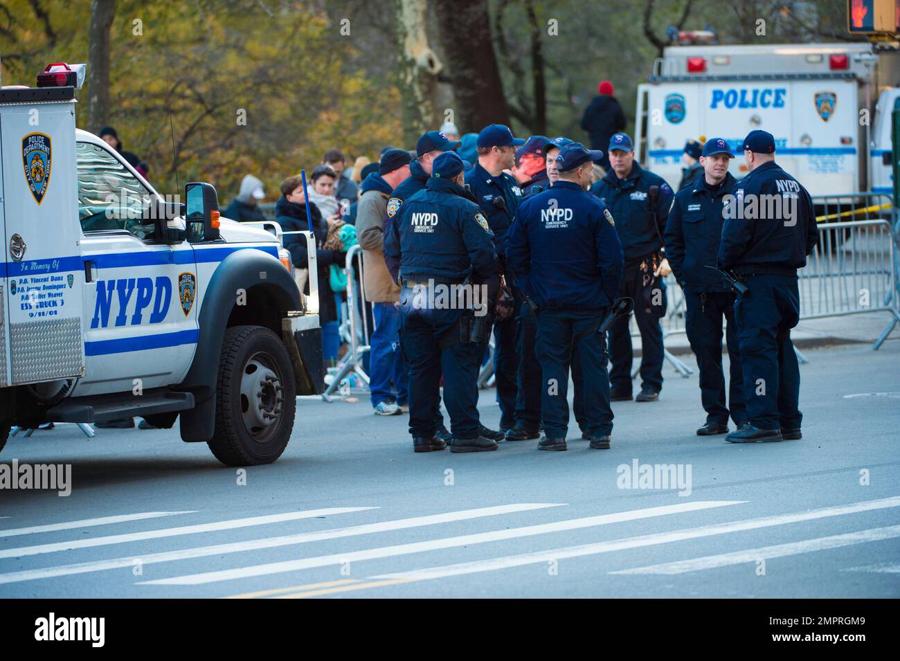 NYPD police offers patrol the parade route at the 91st Macy's