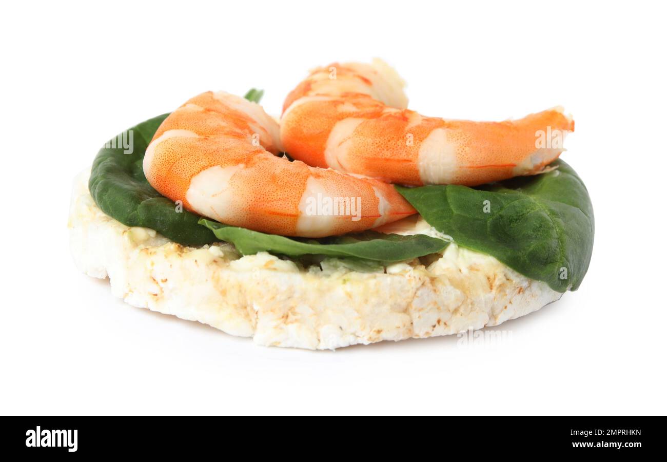 Puffed rice cake with shrimps and basil isolated on white Stock Photo