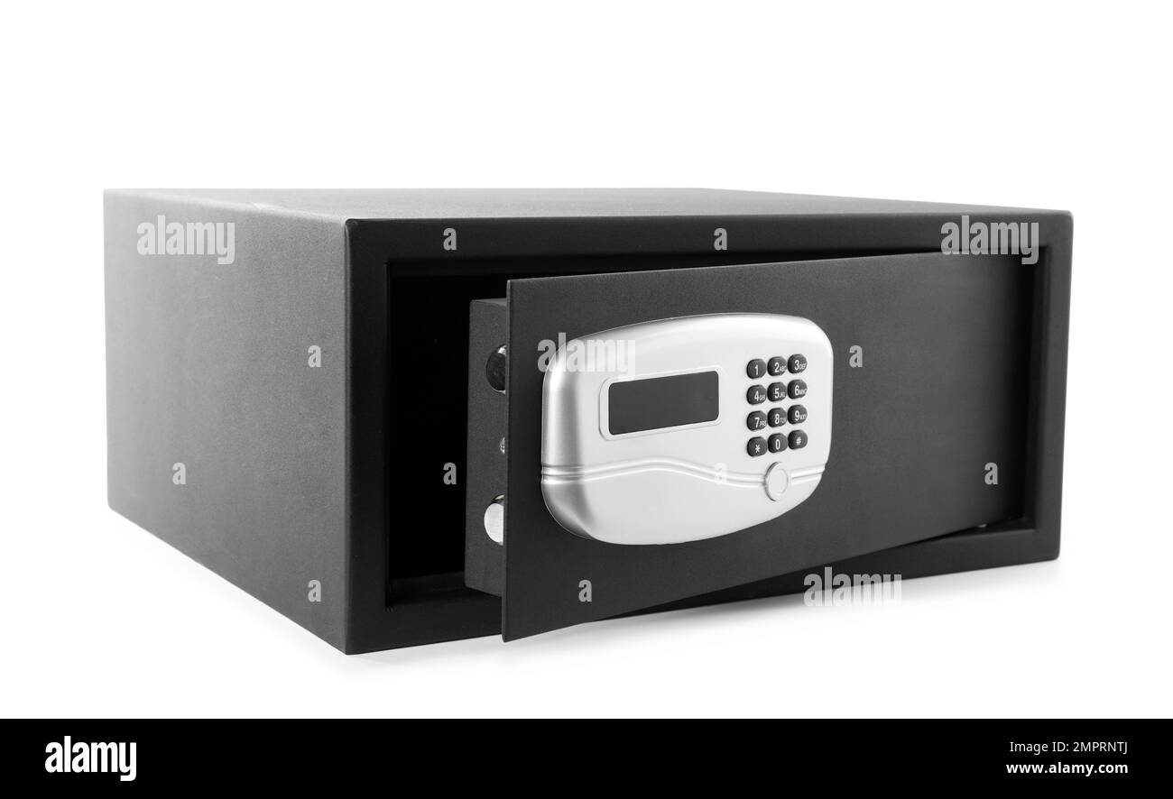 Black steel safe with electronic lock isolated on white Stock Photo - Alamy
