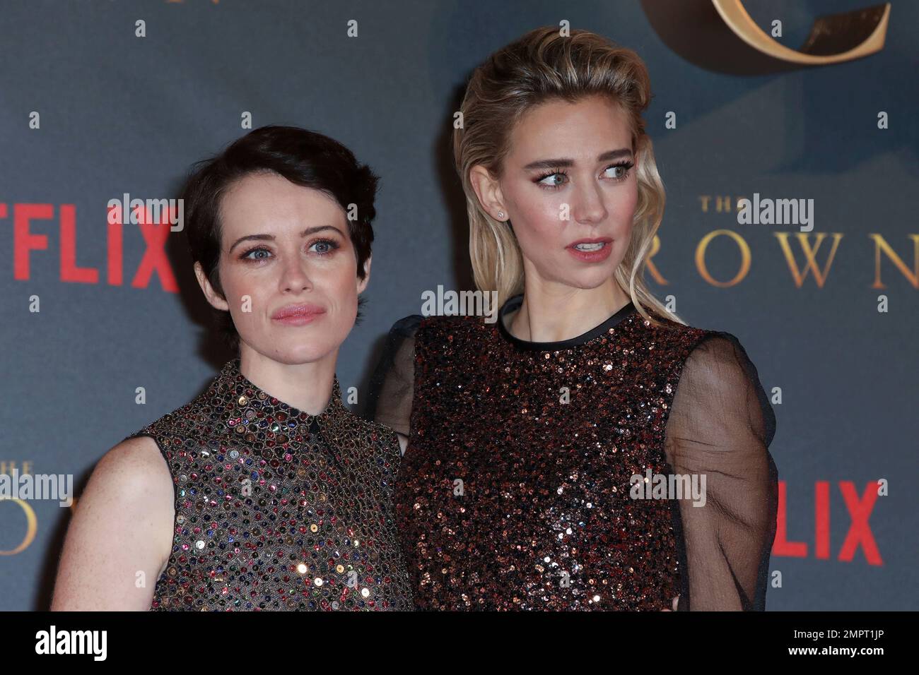 Actresses Claire Foy, left, and Vanessa Kirby pose for photographers on ...