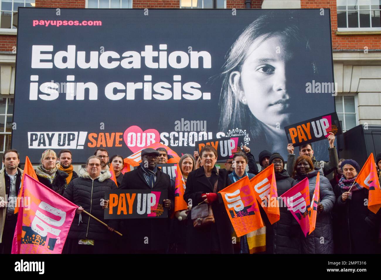 London, UK. 18th January 2023. Mary Bousted, joint general secretary of the National Education Union, launches the 'Pay Up, Save Our Schools' campaign in Central London ahead of the teachers' strike on 1st February. Stock Photo