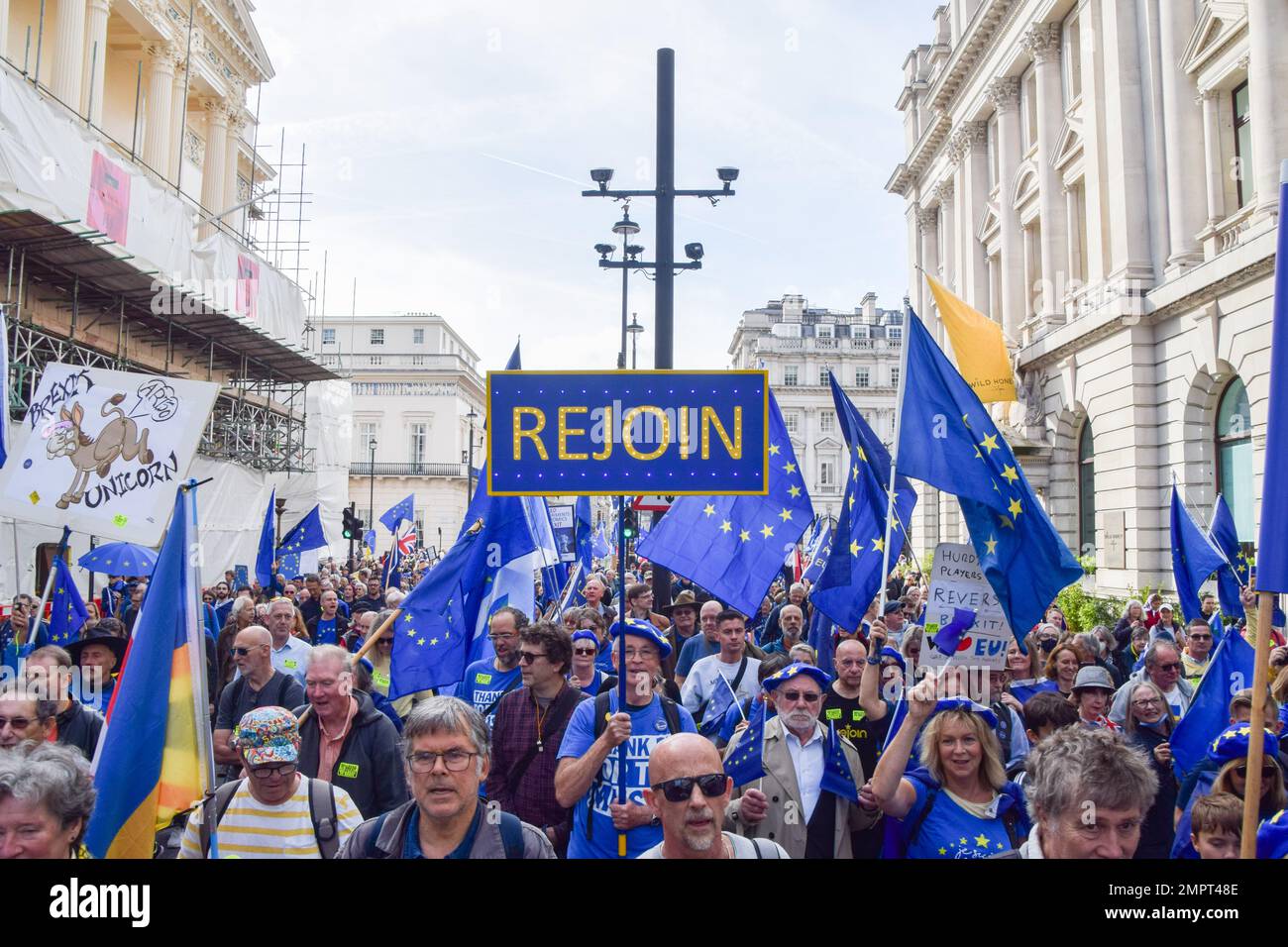 London, UK. 22nd October 2022. Thousands of people marched through central London demanding that the UK reverses Brexit and rejoins the European Union. Stock Photo