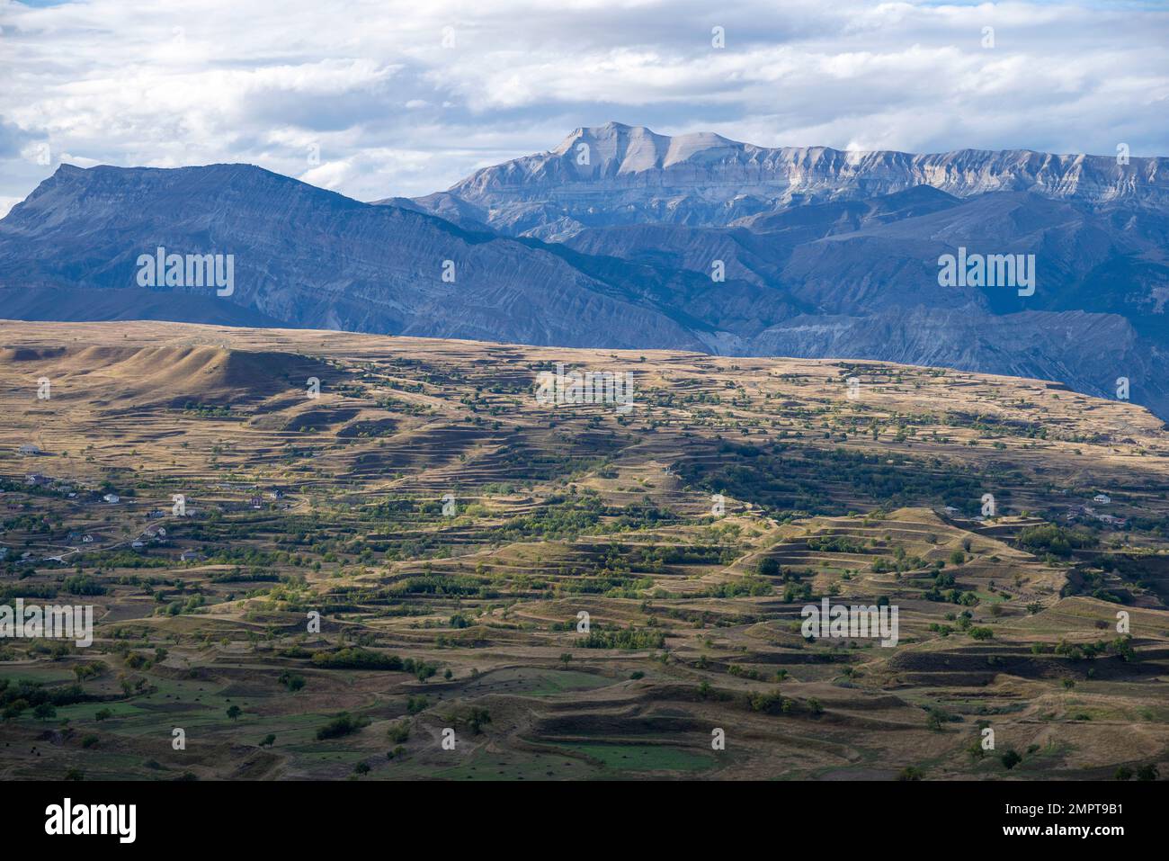 View of the ancient agricultural terraces in the mountains of Dagestan. Gunibsky district Stock Photo